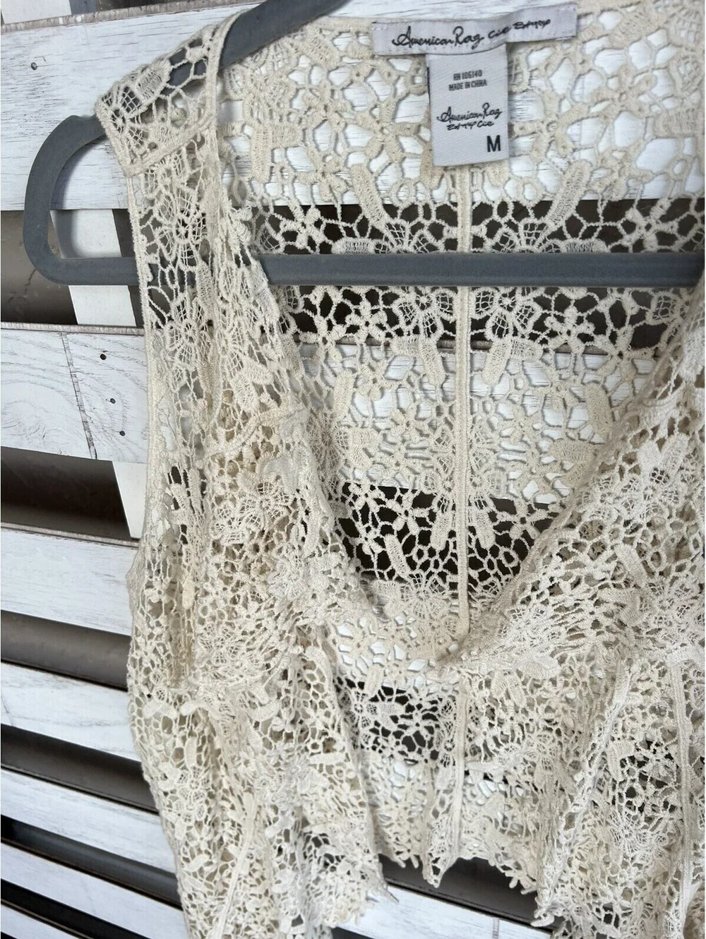 American Rag Cie Crochet Vest Top Natural Beige Floral Open Knit Size M